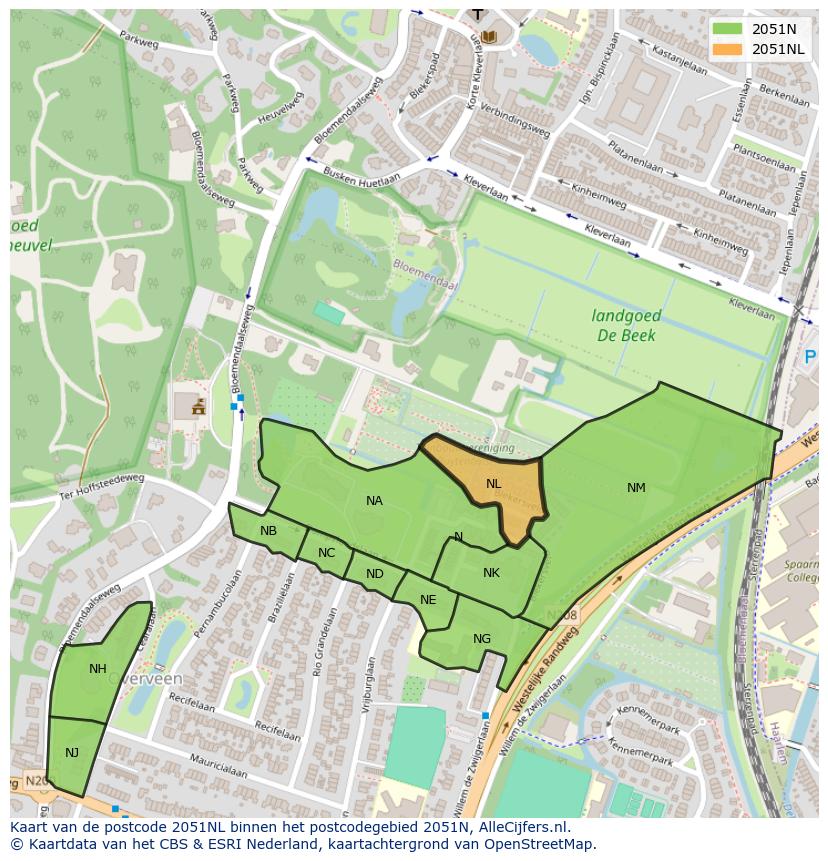 Afbeelding van het postcodegebied 2051 NL op de kaart.