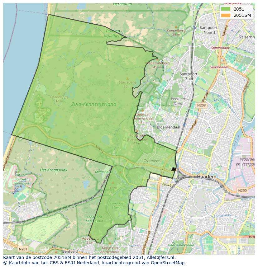 Afbeelding van het postcodegebied 2051 SM op de kaart.