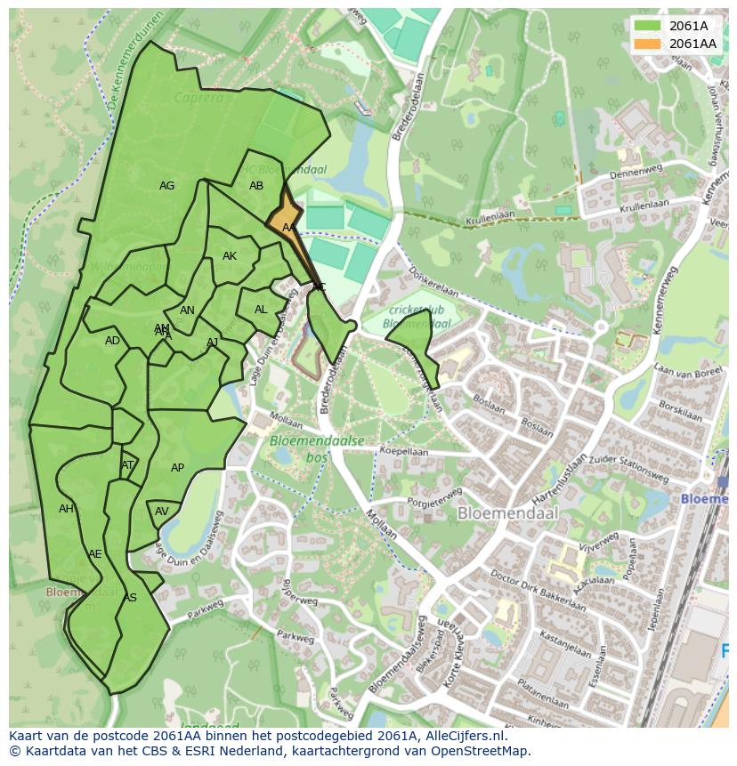 Afbeelding van het postcodegebied 2061 AA op de kaart.
