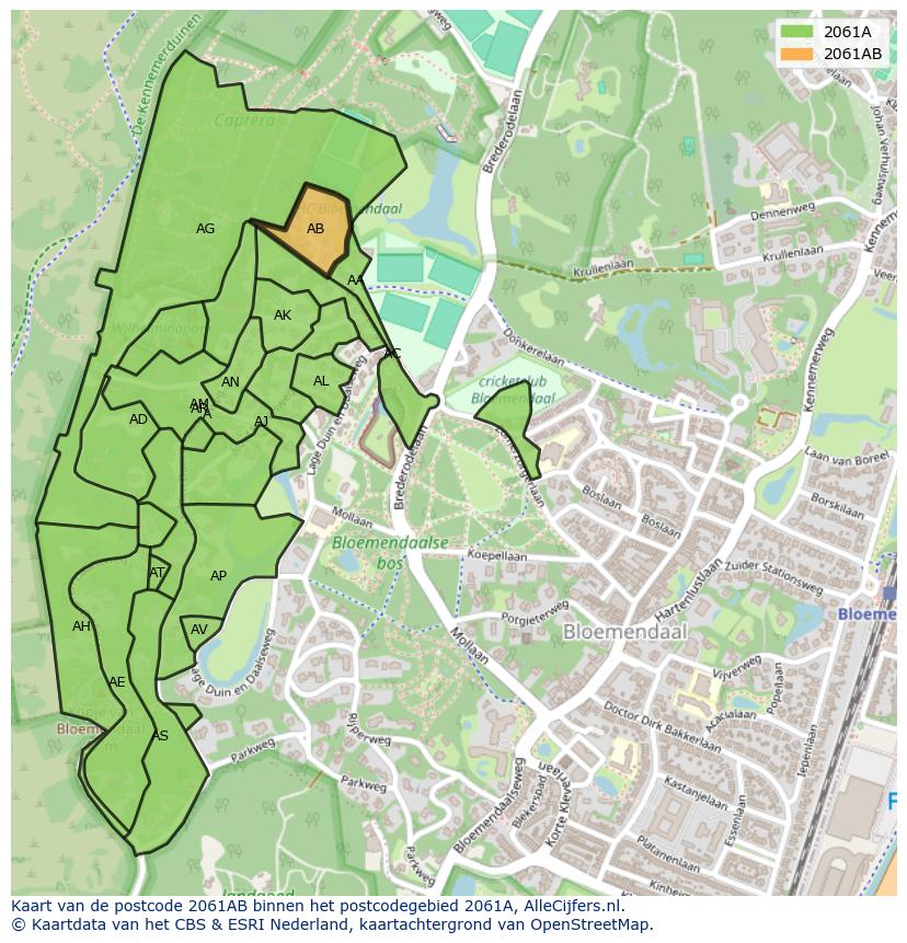 Afbeelding van het postcodegebied 2061 AB op de kaart.