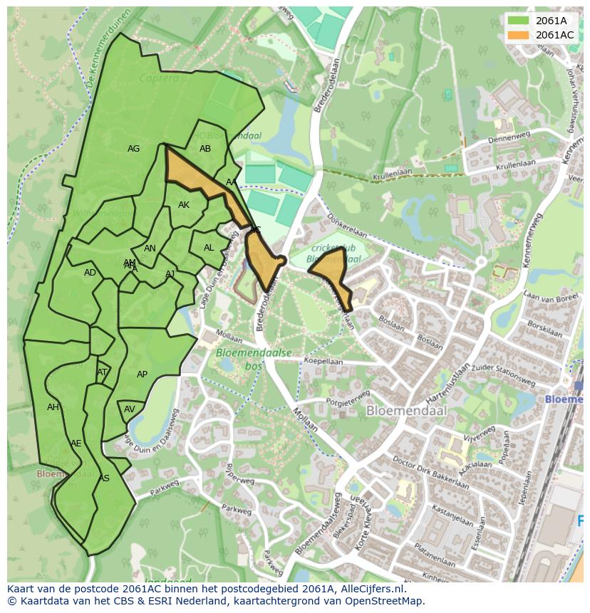 Afbeelding van het postcodegebied 2061 AC op de kaart.