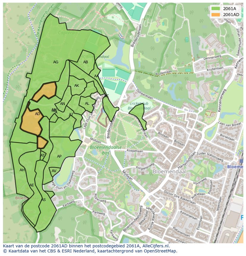 Afbeelding van het postcodegebied 2061 AD op de kaart.