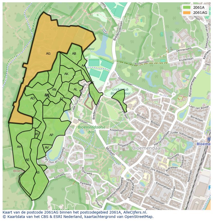 Afbeelding van het postcodegebied 2061 AG op de kaart.