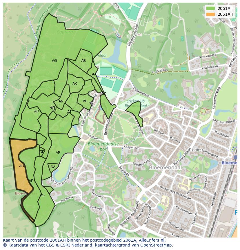 Afbeelding van het postcodegebied 2061 AH op de kaart.