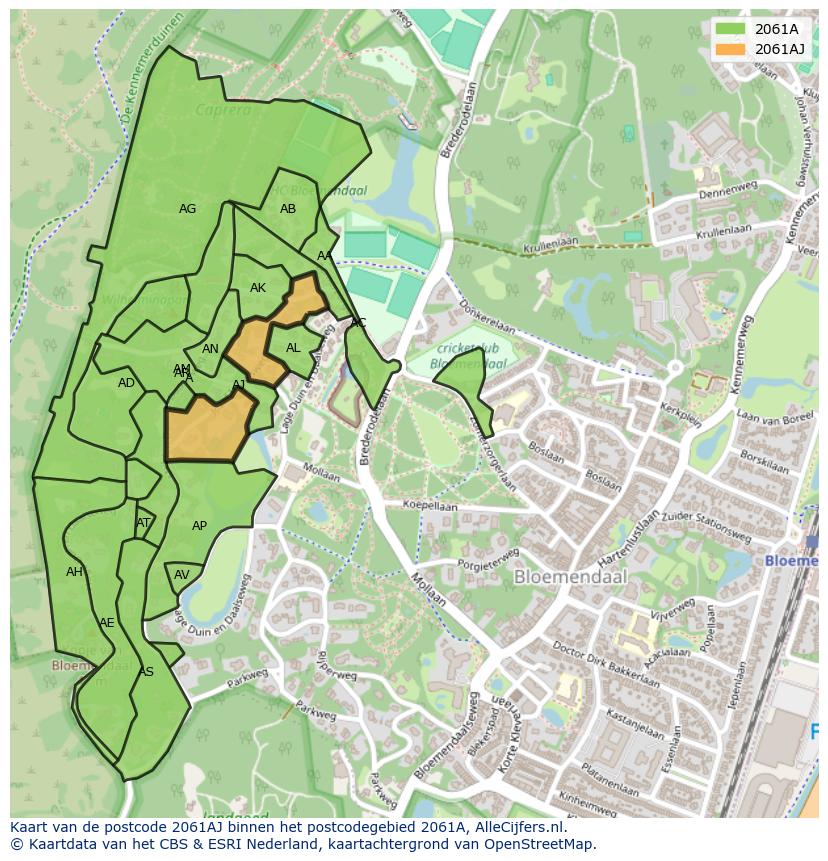 Afbeelding van het postcodegebied 2061 AJ op de kaart.