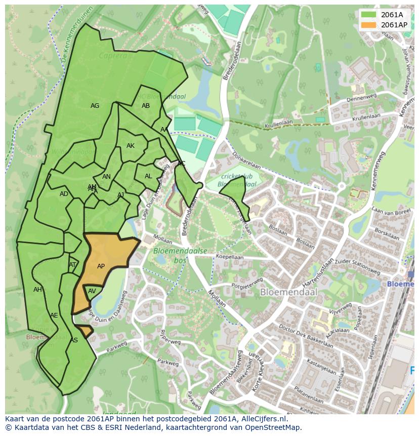 Afbeelding van het postcodegebied 2061 AP op de kaart.