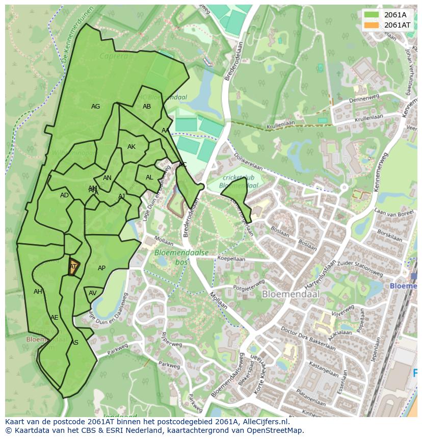 Afbeelding van het postcodegebied 2061 AT op de kaart.