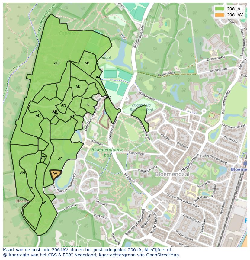 Afbeelding van het postcodegebied 2061 AV op de kaart.