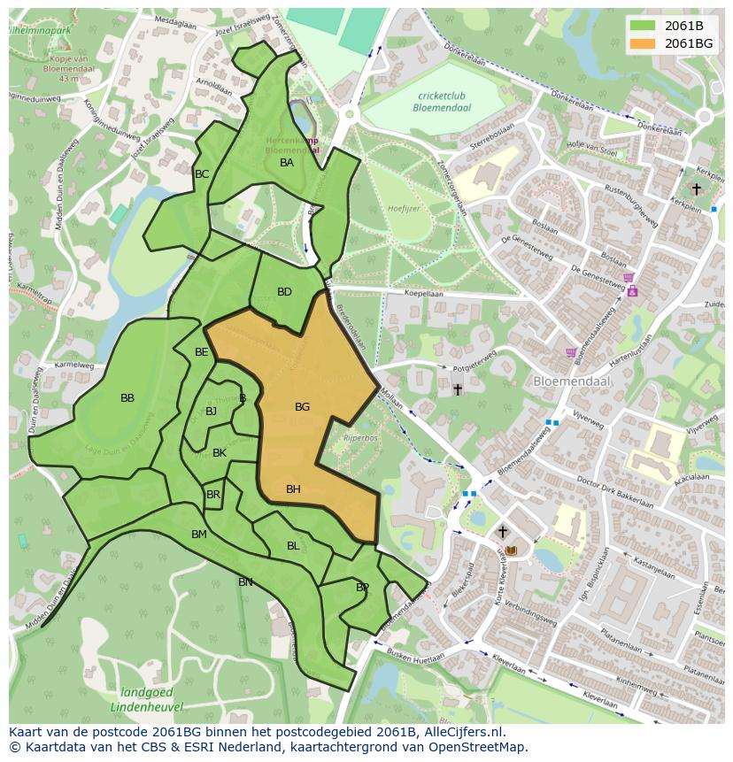 Afbeelding van het postcodegebied 2061 BG op de kaart.