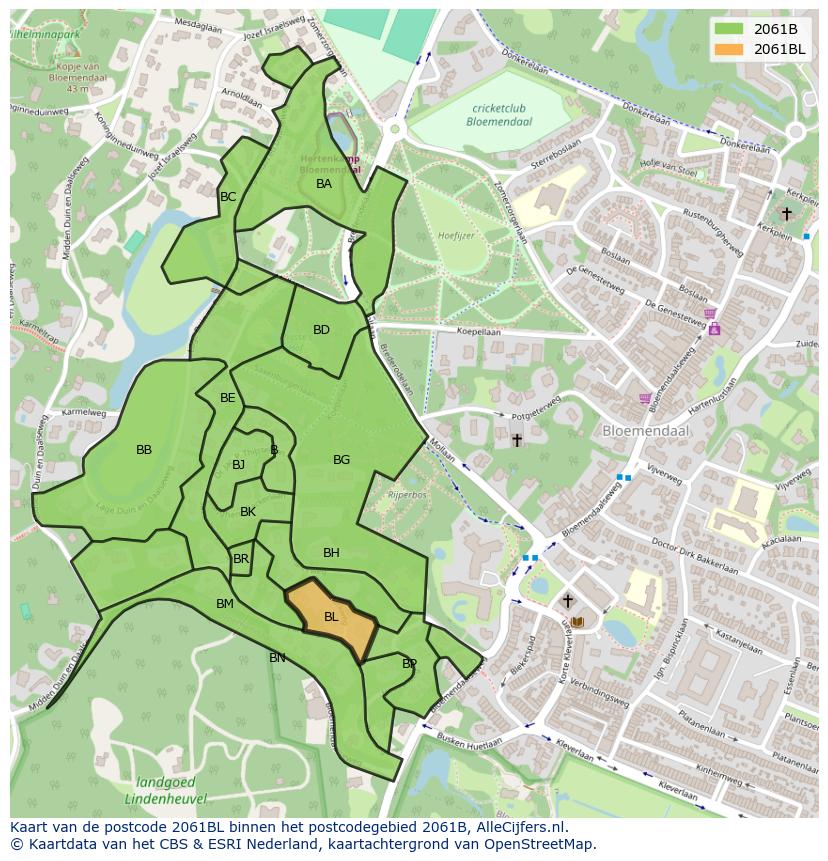 Afbeelding van het postcodegebied 2061 BL op de kaart.