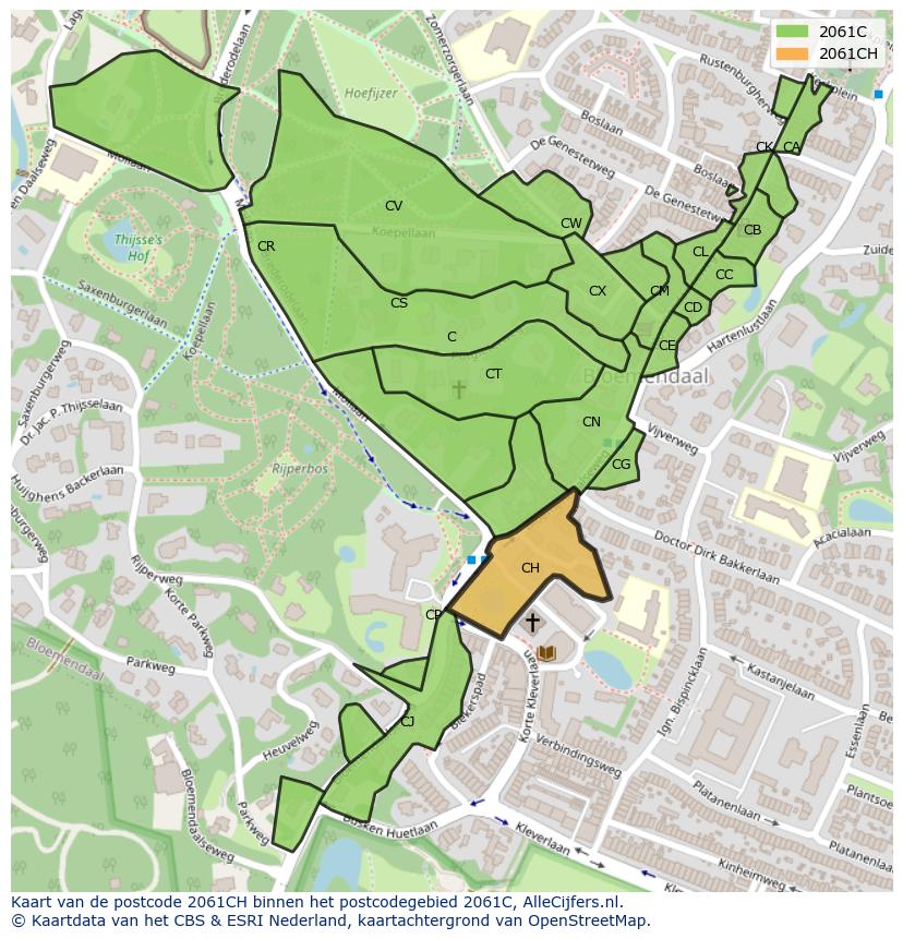 Afbeelding van het postcodegebied 2061 CH op de kaart.