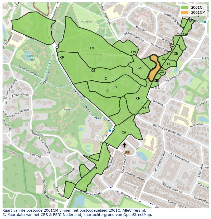 Afbeelding van het postcodegebied 2061 CM op de kaart.