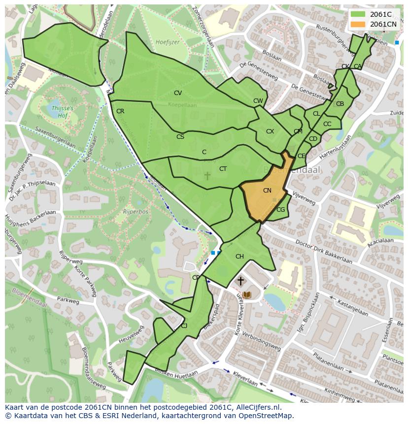 Afbeelding van het postcodegebied 2061 CN op de kaart.