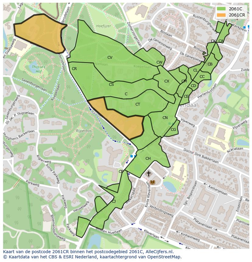 Afbeelding van het postcodegebied 2061 CR op de kaart.