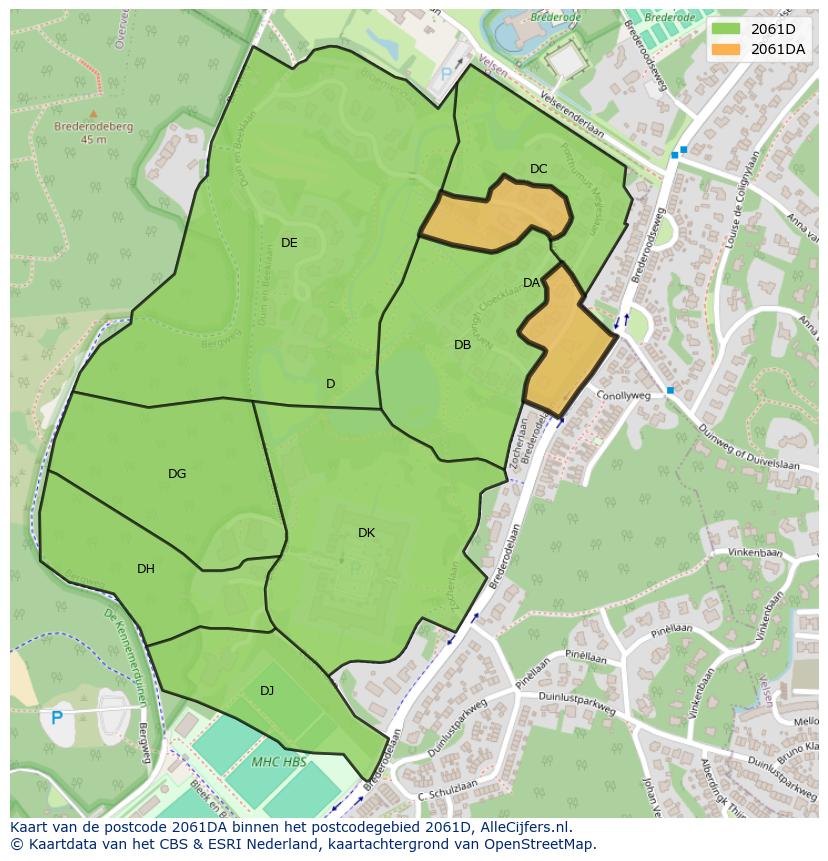Afbeelding van het postcodegebied 2061 DA op de kaart.