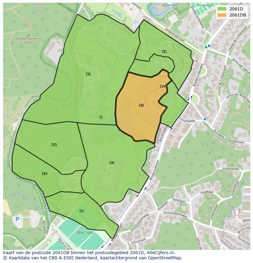Afbeelding van het postcodegebied 2061 DB op de kaart.