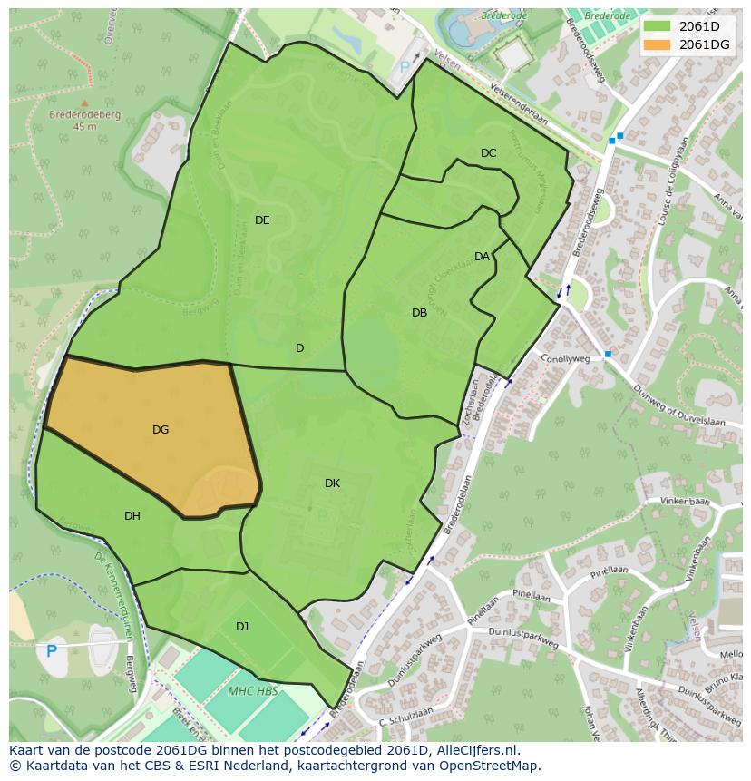 Afbeelding van het postcodegebied 2061 DG op de kaart.