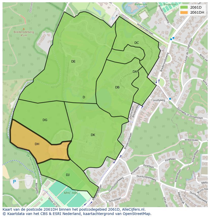 Afbeelding van het postcodegebied 2061 DH op de kaart.