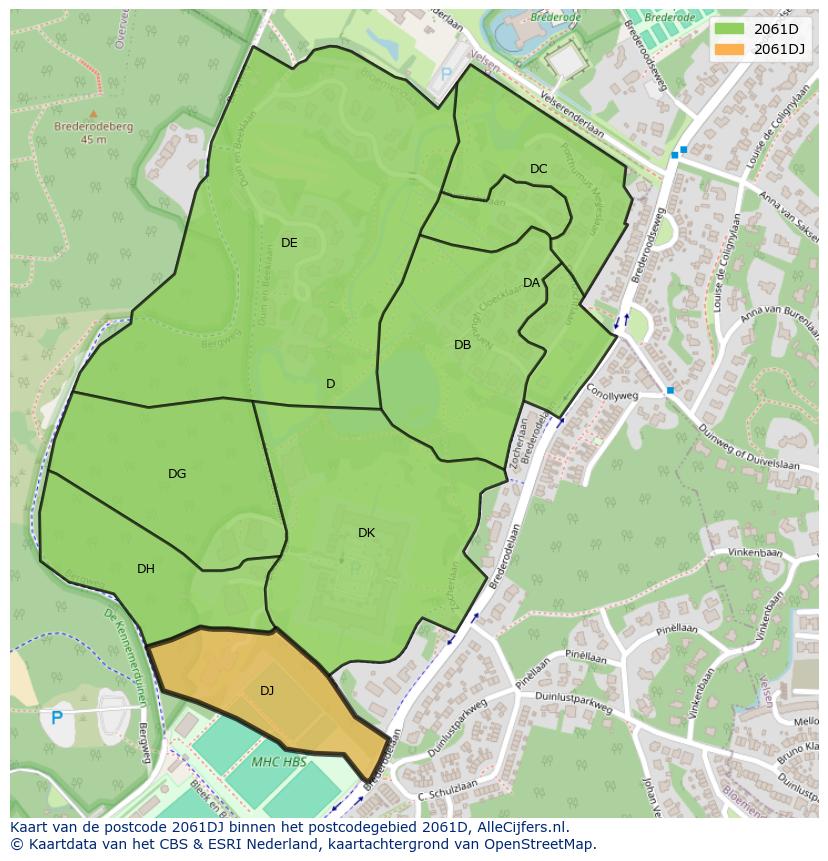 Afbeelding van het postcodegebied 2061 DJ op de kaart.