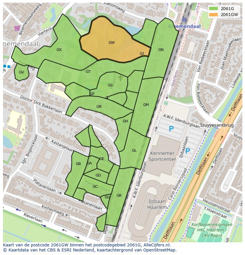Afbeelding van het postcodegebied 2061 GW op de kaart.
