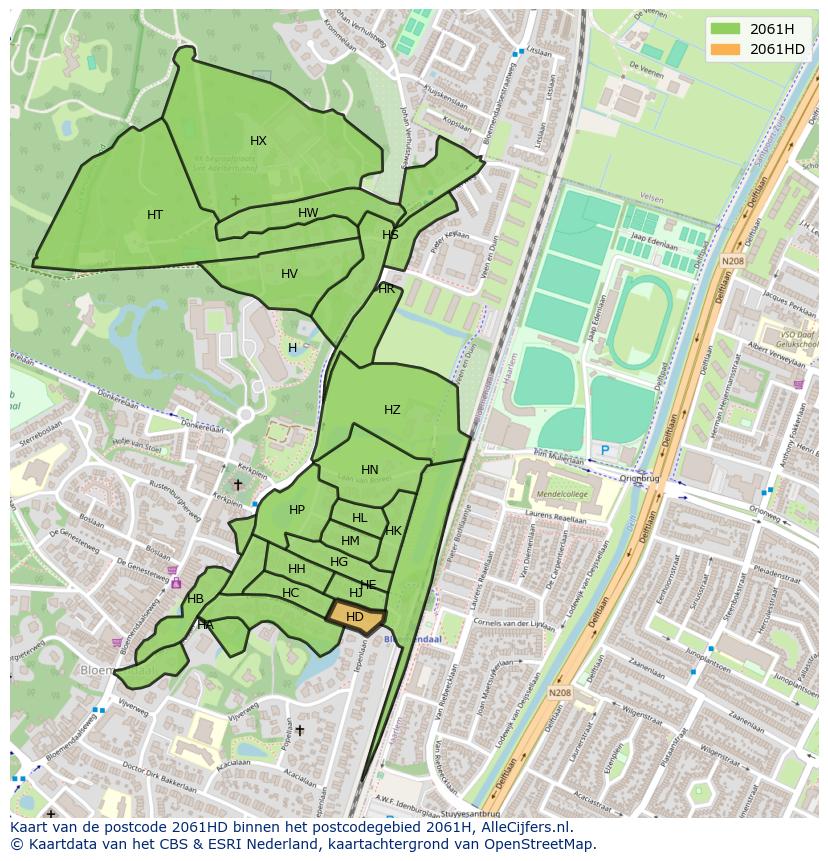 Afbeelding van het postcodegebied 2061 HD op de kaart.