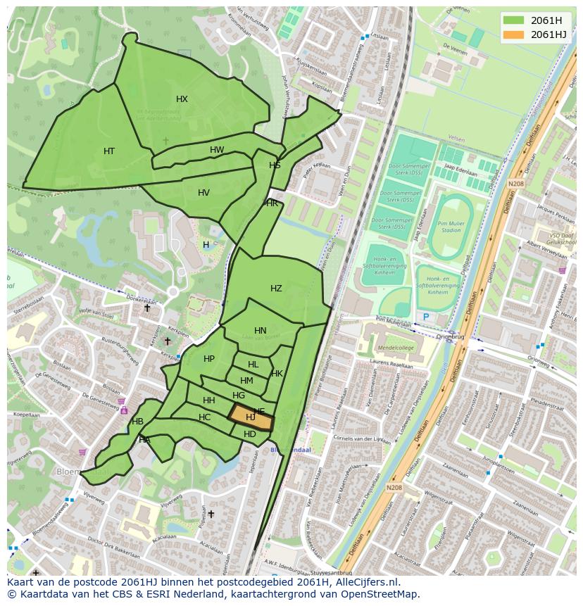 Afbeelding van het postcodegebied 2061 HJ op de kaart.