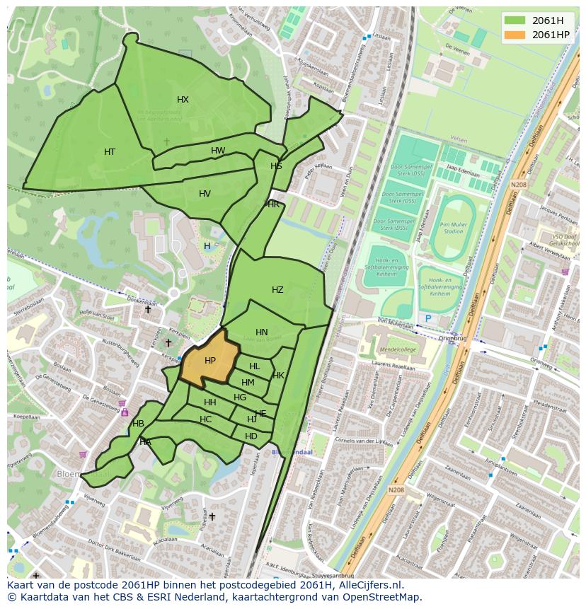 Afbeelding van het postcodegebied 2061 HP op de kaart.