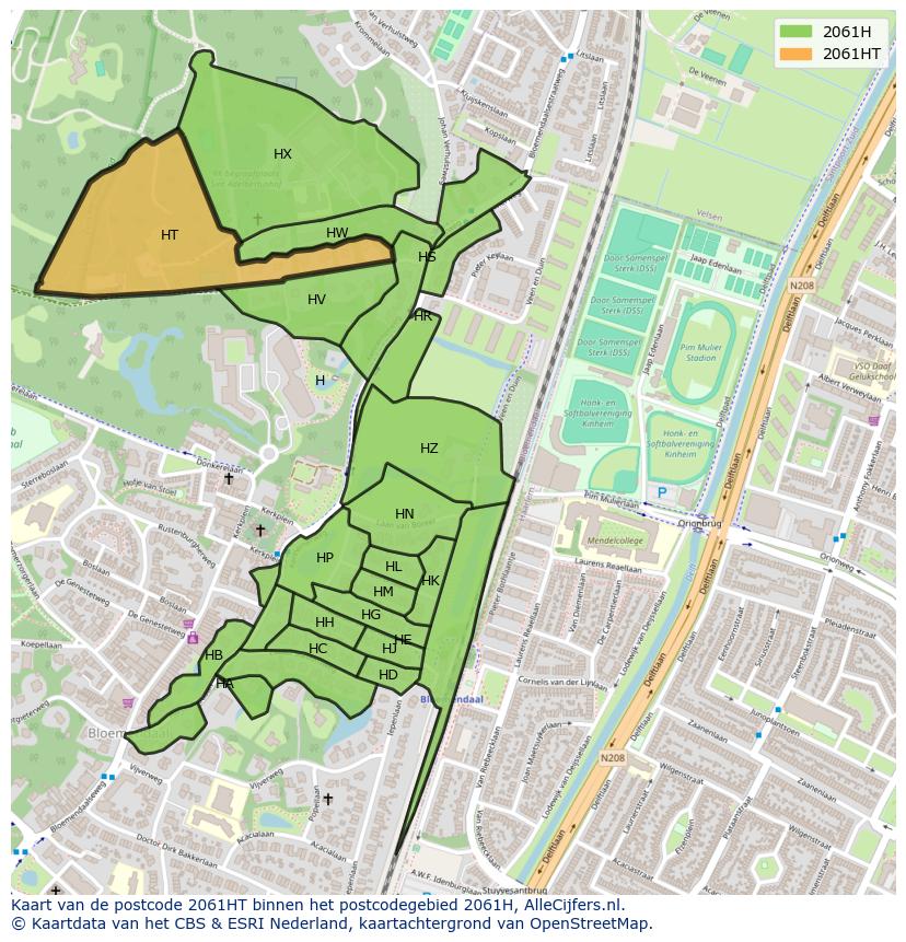 Afbeelding van het postcodegebied 2061 HT op de kaart.