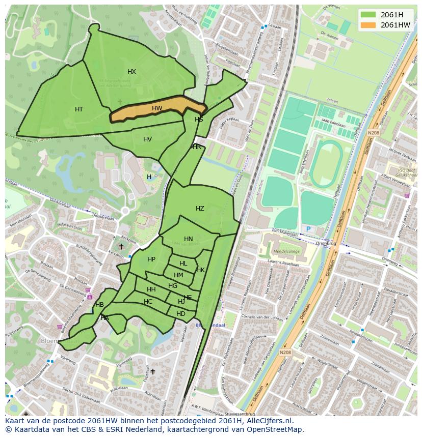 Afbeelding van het postcodegebied 2061 HW op de kaart.