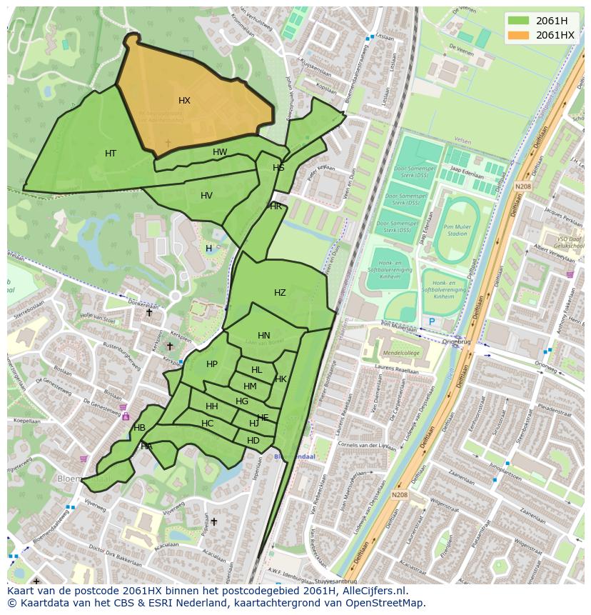 Afbeelding van het postcodegebied 2061 HX op de kaart.
