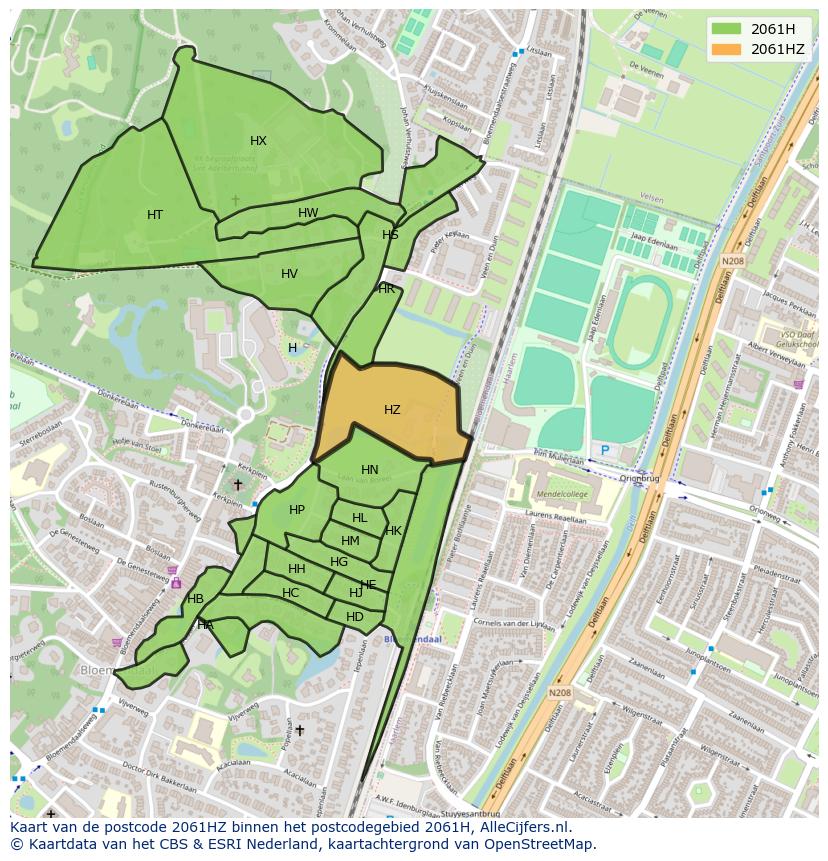 Afbeelding van het postcodegebied 2061 HZ op de kaart.