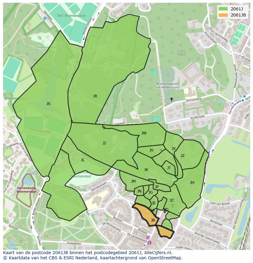 Afbeelding van het postcodegebied 2061 JB op de kaart.