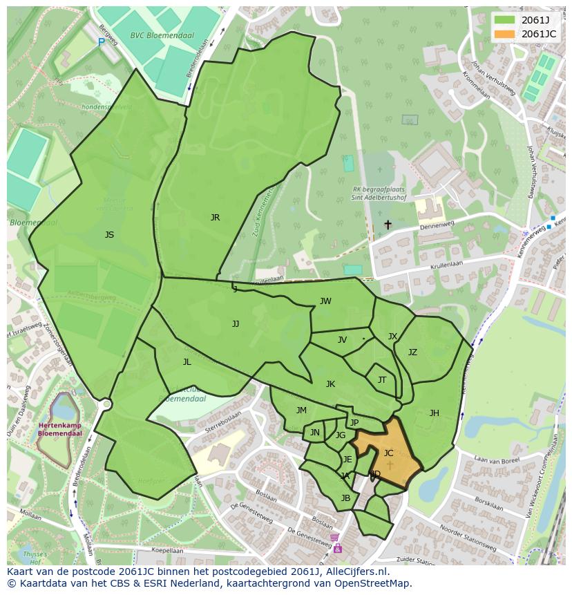 Afbeelding van het postcodegebied 2061 JC op de kaart.