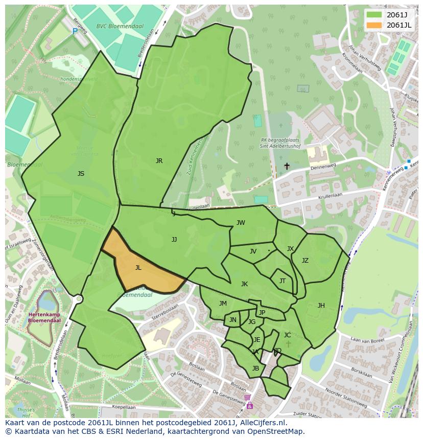 Afbeelding van het postcodegebied 2061 JL op de kaart.
