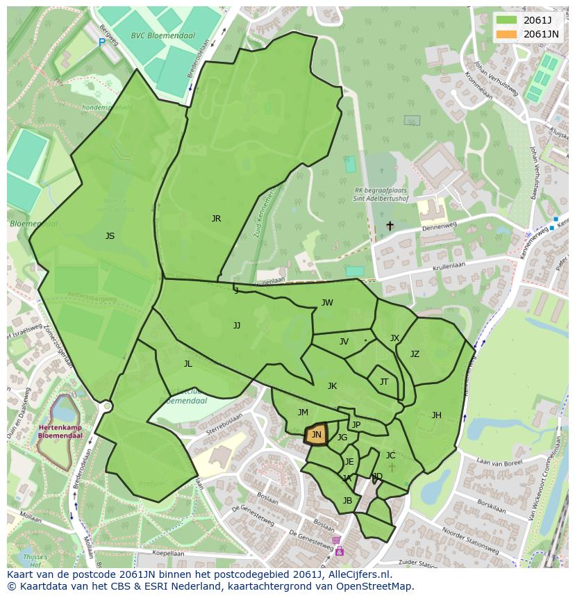 Afbeelding van het postcodegebied 2061 JN op de kaart.