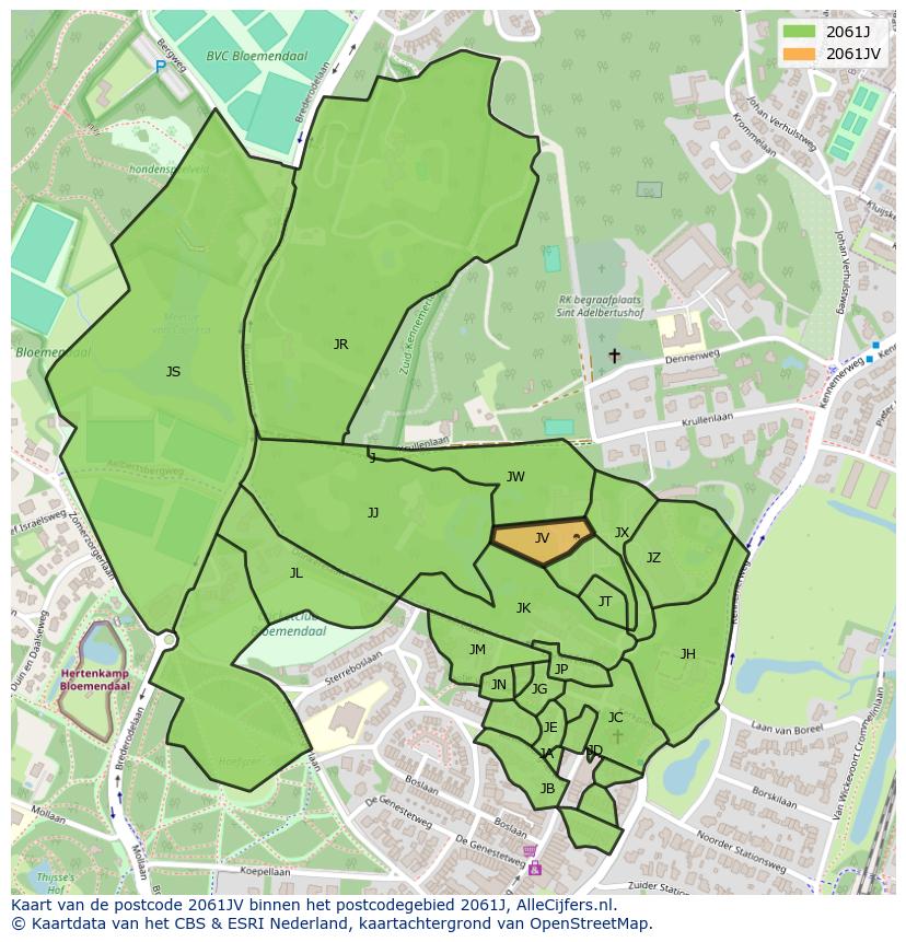 Afbeelding van het postcodegebied 2061 JV op de kaart.