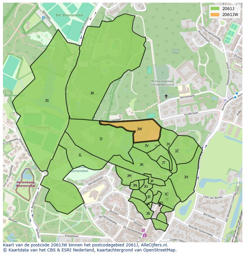 Afbeelding van het postcodegebied 2061 JW op de kaart.