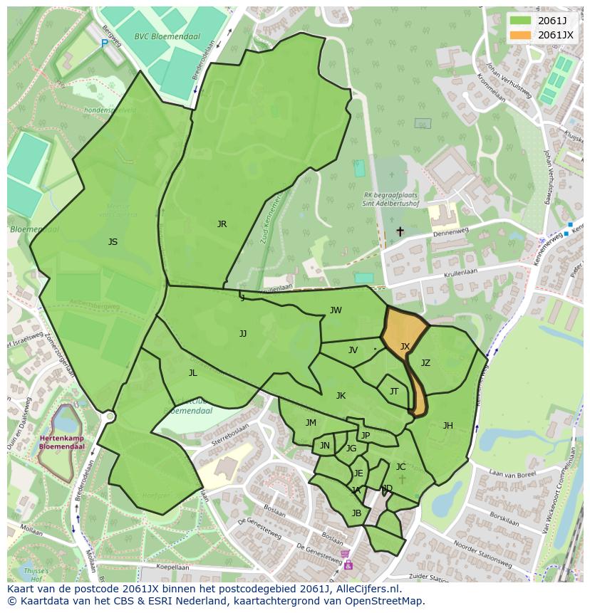 Afbeelding van het postcodegebied 2061 JX op de kaart.