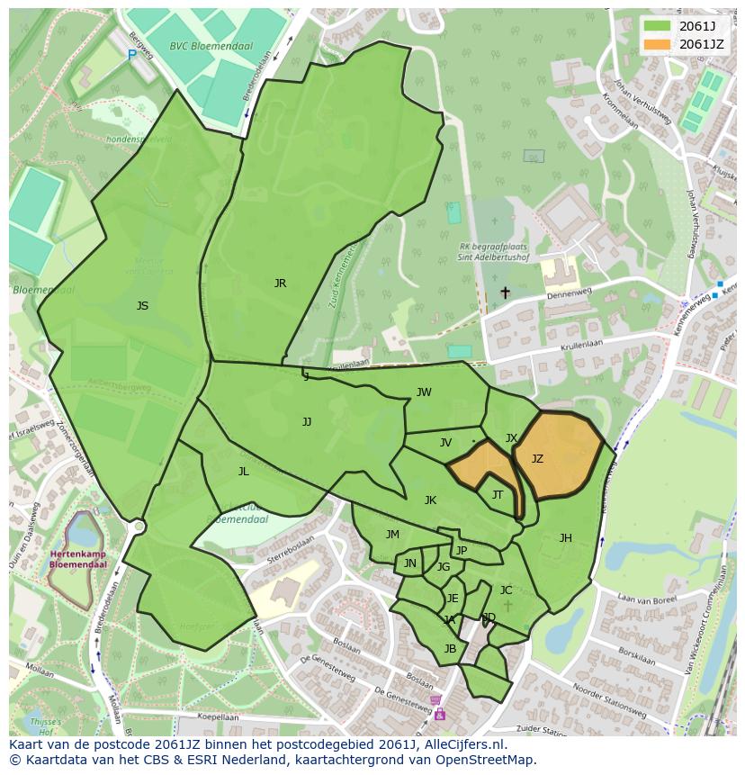 Afbeelding van het postcodegebied 2061 JZ op de kaart.