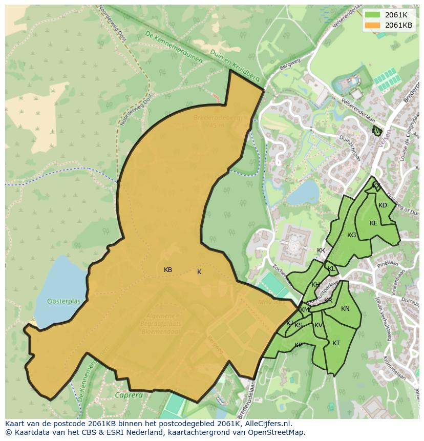 Afbeelding van het postcodegebied 2061 KB op de kaart.