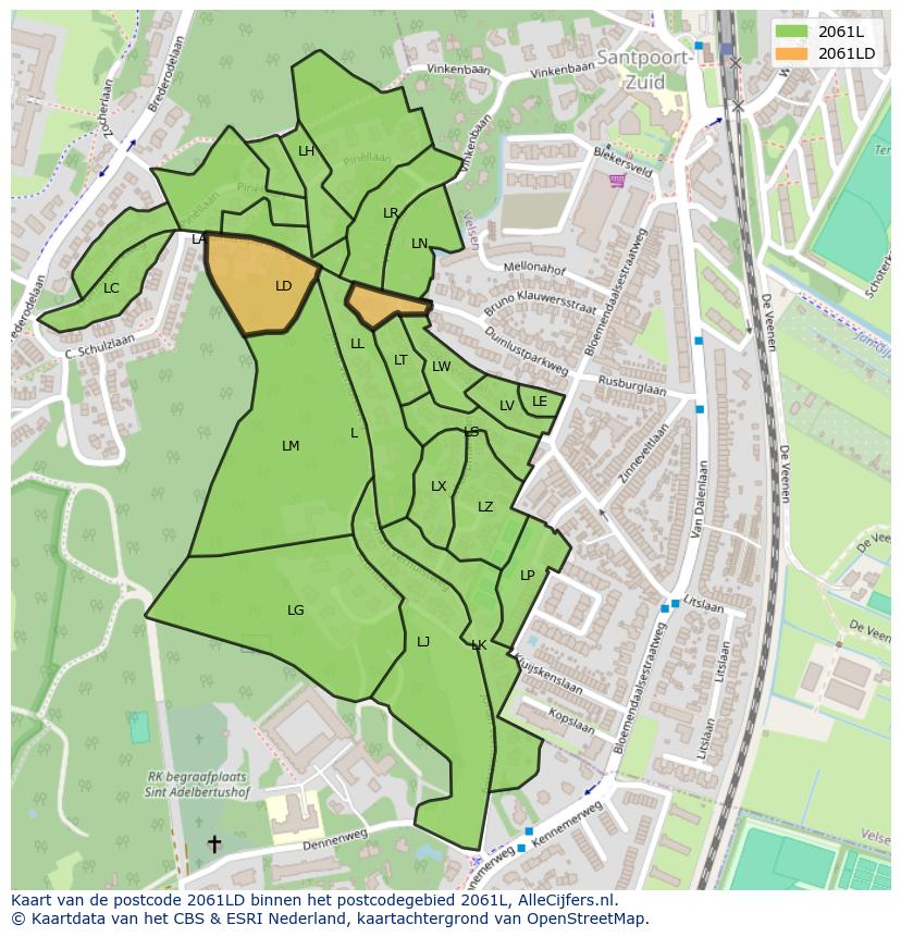 Afbeelding van het postcodegebied 2061 LD op de kaart.