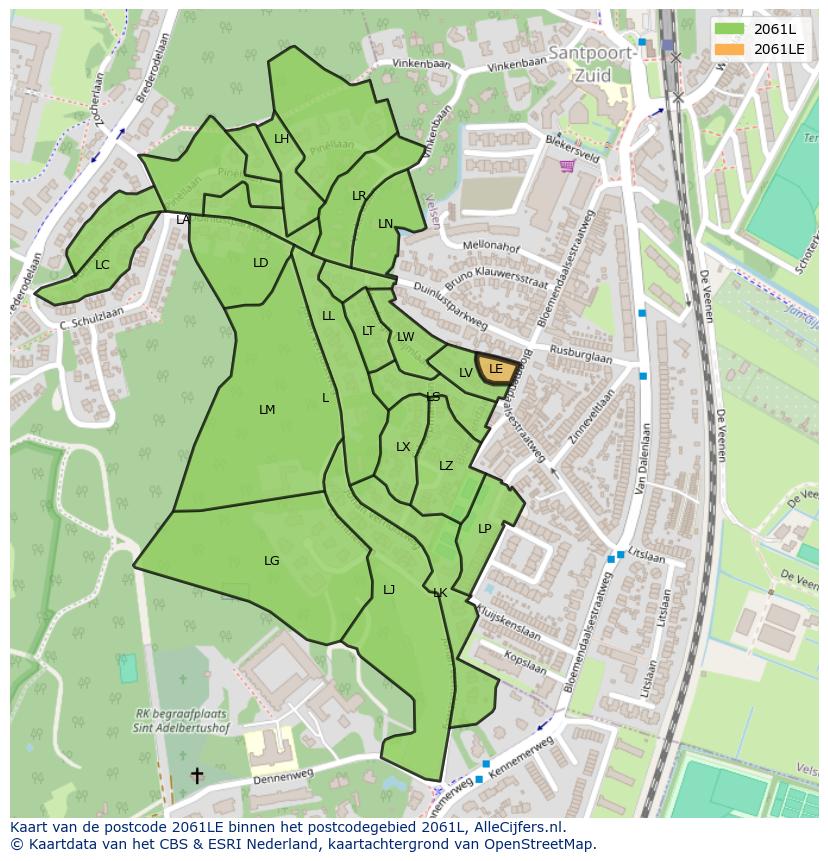 Afbeelding van het postcodegebied 2061 LE op de kaart.
