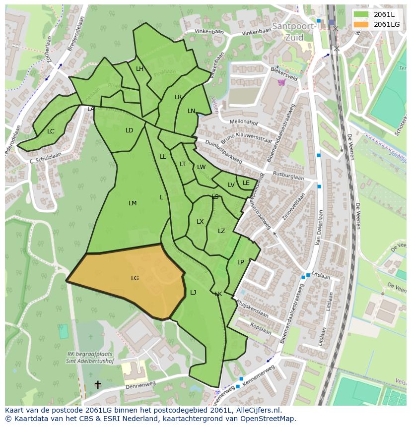 Afbeelding van het postcodegebied 2061 LG op de kaart.