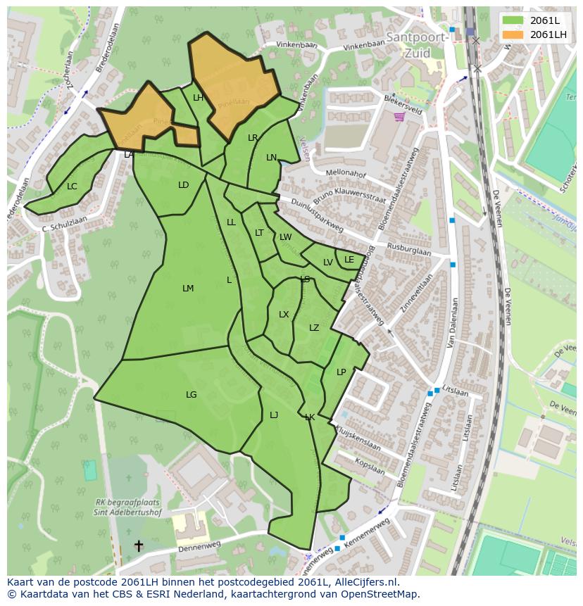 Afbeelding van het postcodegebied 2061 LH op de kaart.