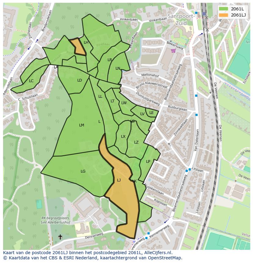 Afbeelding van het postcodegebied 2061 LJ op de kaart.