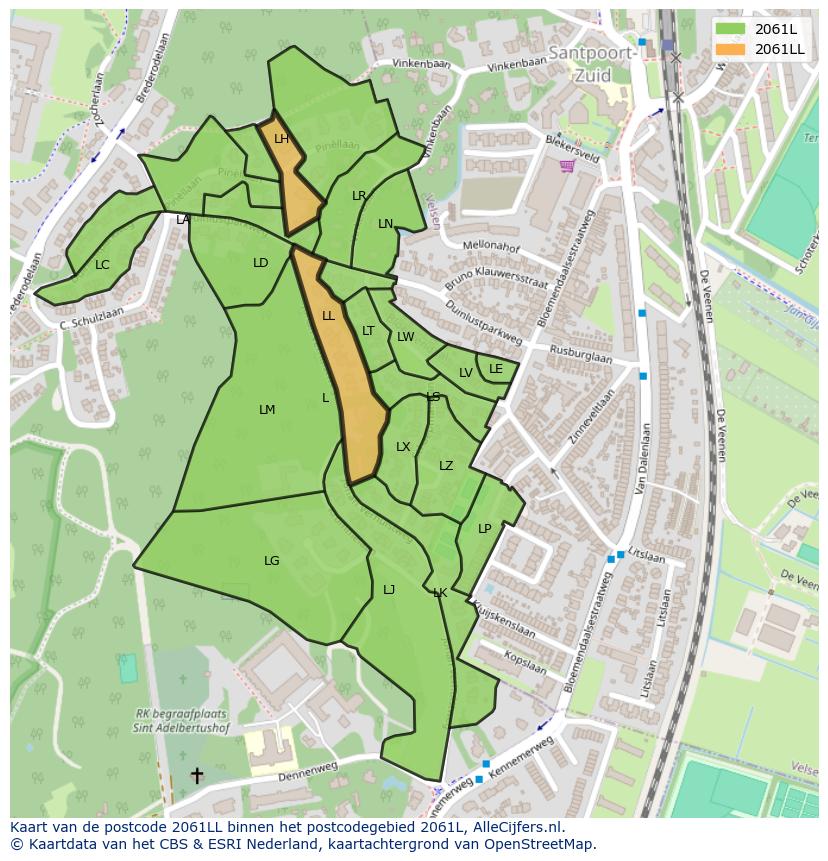 Afbeelding van het postcodegebied 2061 LL op de kaart.