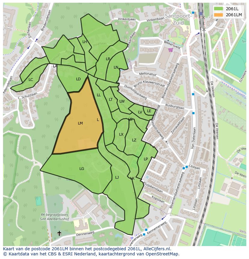 Afbeelding van het postcodegebied 2061 LM op de kaart.