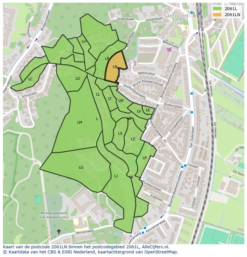 Afbeelding van het postcodegebied 2061 LN op de kaart.