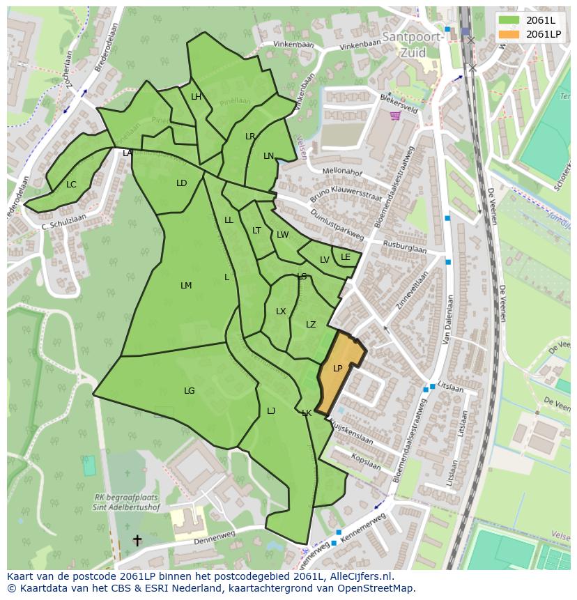 Afbeelding van het postcodegebied 2061 LP op de kaart.