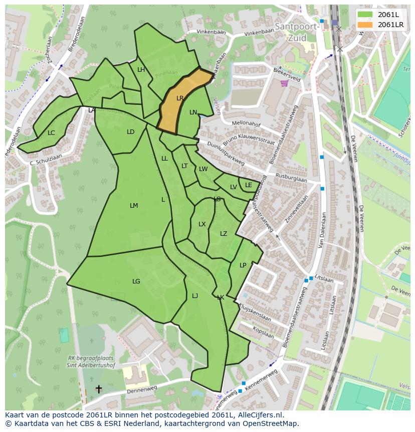 Afbeelding van het postcodegebied 2061 LR op de kaart.